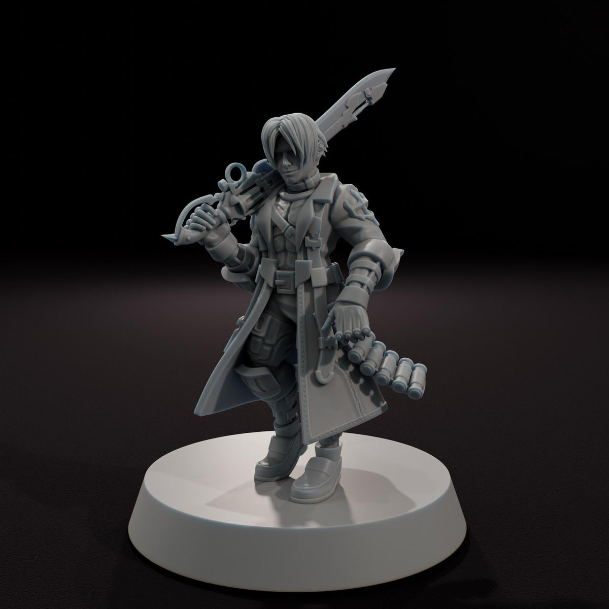 Human Gunblade Warrior -  32mm Scale Fantasy Tabletop RPG Miniature