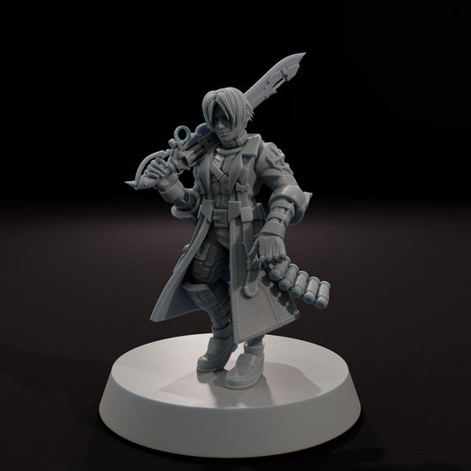 Human Gunblade Warrior -  32mm Scale Fantasy Tabletop RPG Miniature
